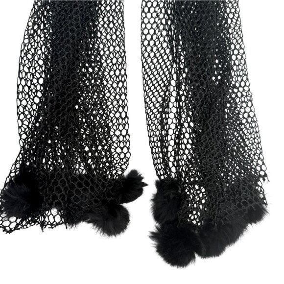 Black Mesh Scarf Fur Pom Pom Evening Shawl Fishnet Wrap - Picture 4 of 9